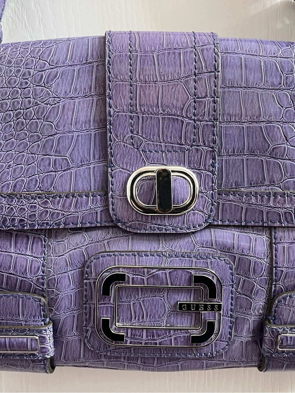Guess Croc-Embossed Purple Clutch with Silver Hardware